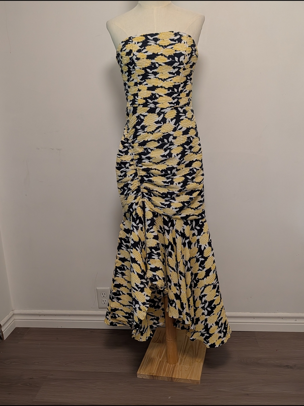 C/MEO Collective Strapless Yellow and Navy Floral Midi Dress